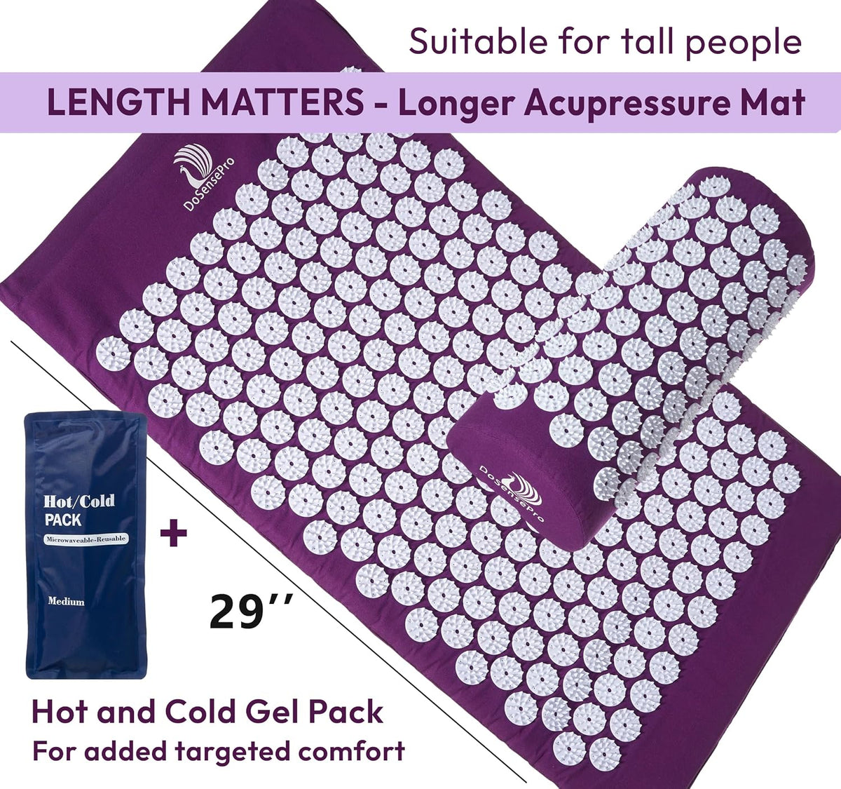 Acupressure Mat & Pillow Set, 4-in-1, 29", Hot/Cold Pack, Purple