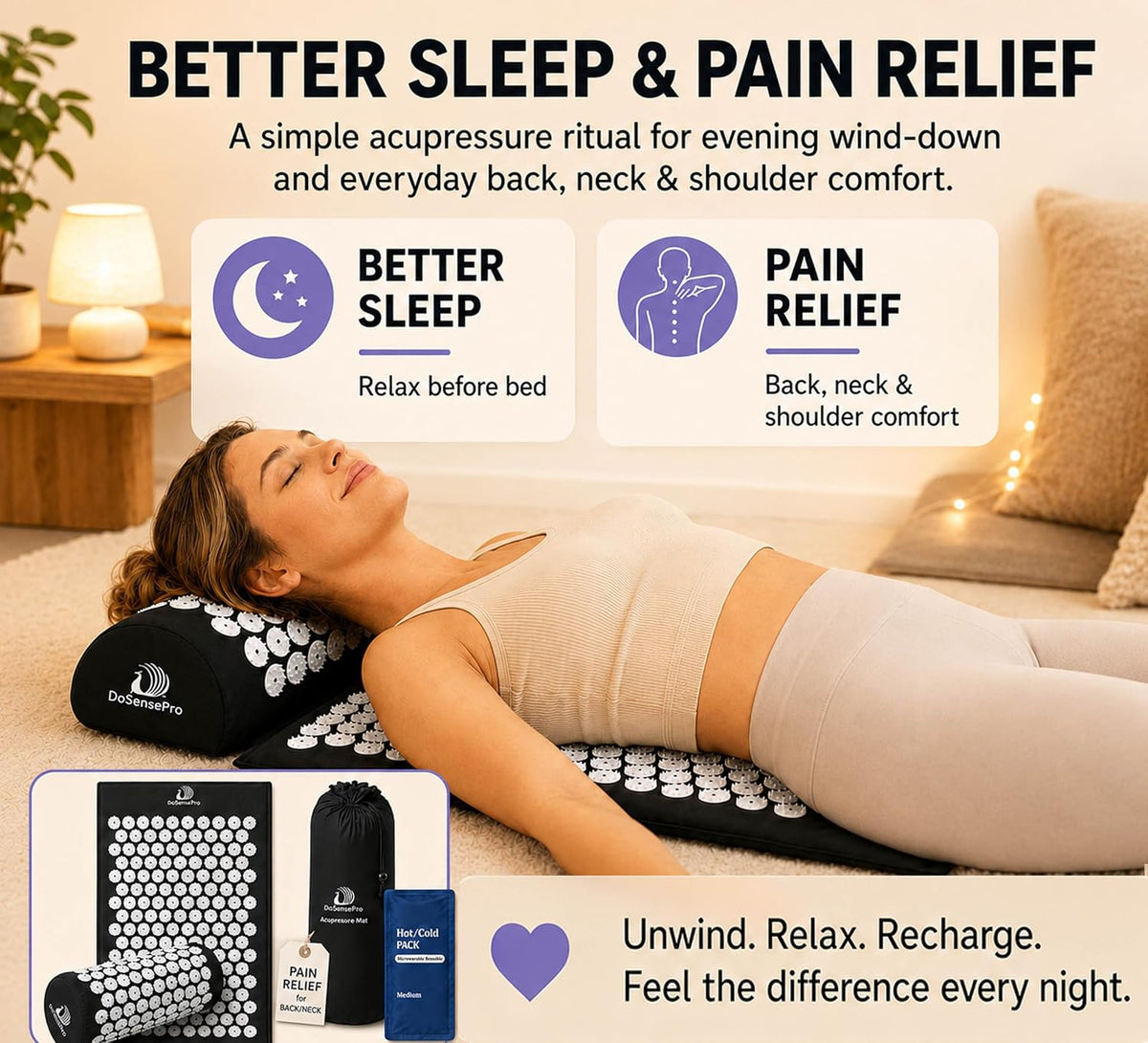 Acupressure Mat & Pillow Set, 4-in-1, 29", Hot/Cold Pack, Purple