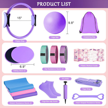 Home Pilates Kit for Women, Pilates Ring Set, Pilates Equipment Kit for Women Home Workouts, Pilates Essentials Kit with Pilates Ring and Ball, Resistance Bands for Strength, Toning, Flexibility