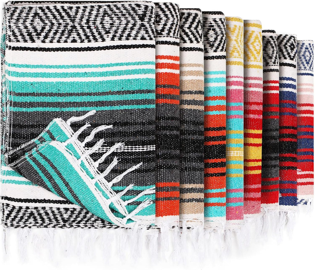 9 Pcs Mexican Yoga Blanket Striped Falsa, 45x70,Bright Colors