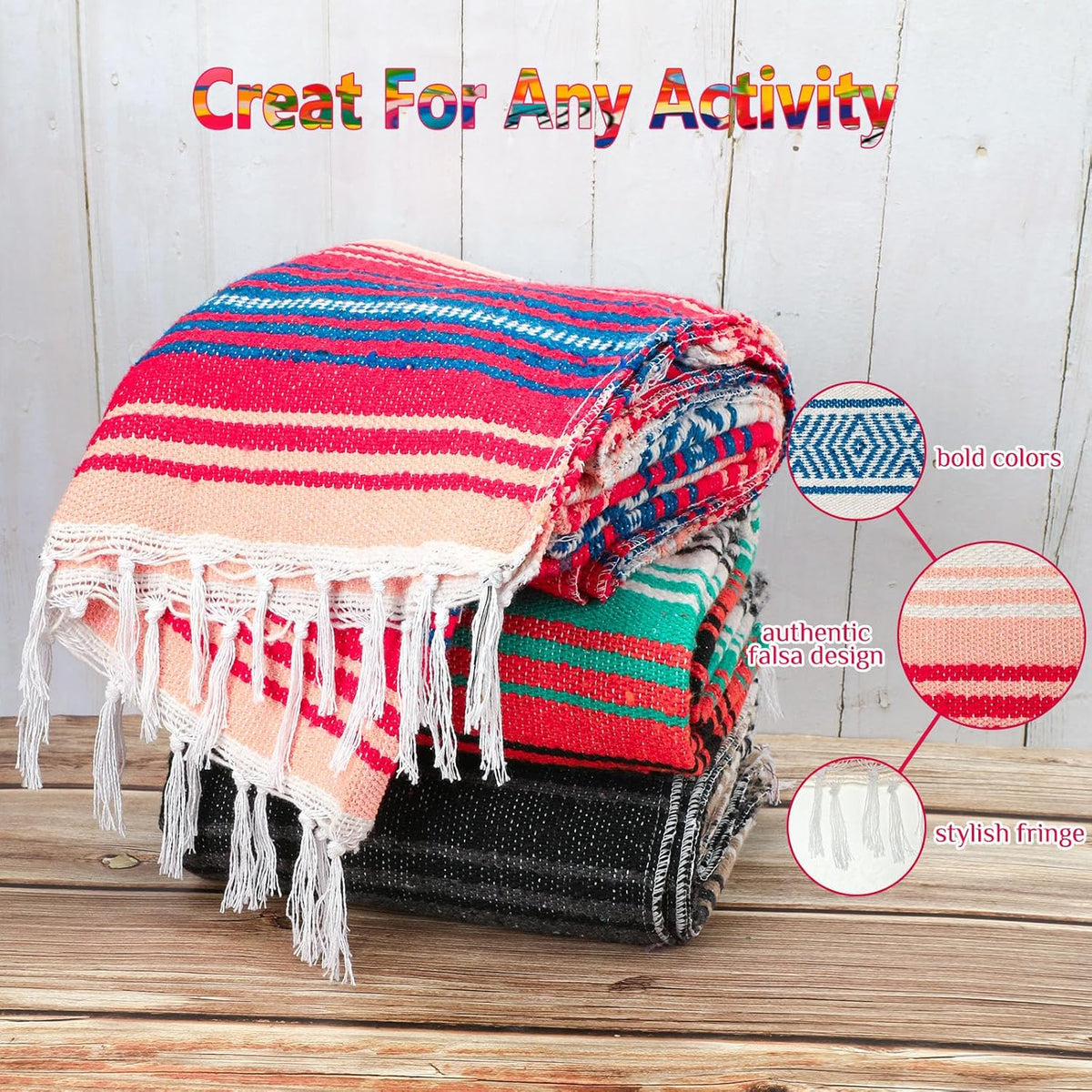 9 Pcs Mexican Yoga Blanket Striped Falsa, 45x70,Bright Colors
