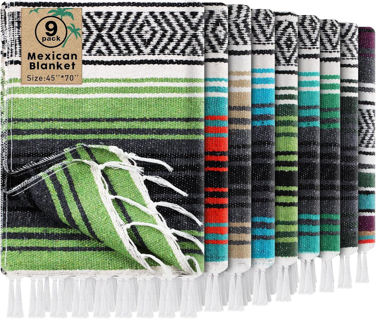 9 Pcs Mexican Yoga Blanket Striped Falsa, 45x70,Bright Colors
