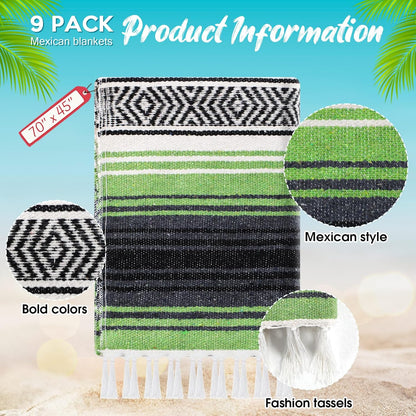 9 Pcs Mexican Yoga Blanket Striped Falsa, 45x70,Bright Colors