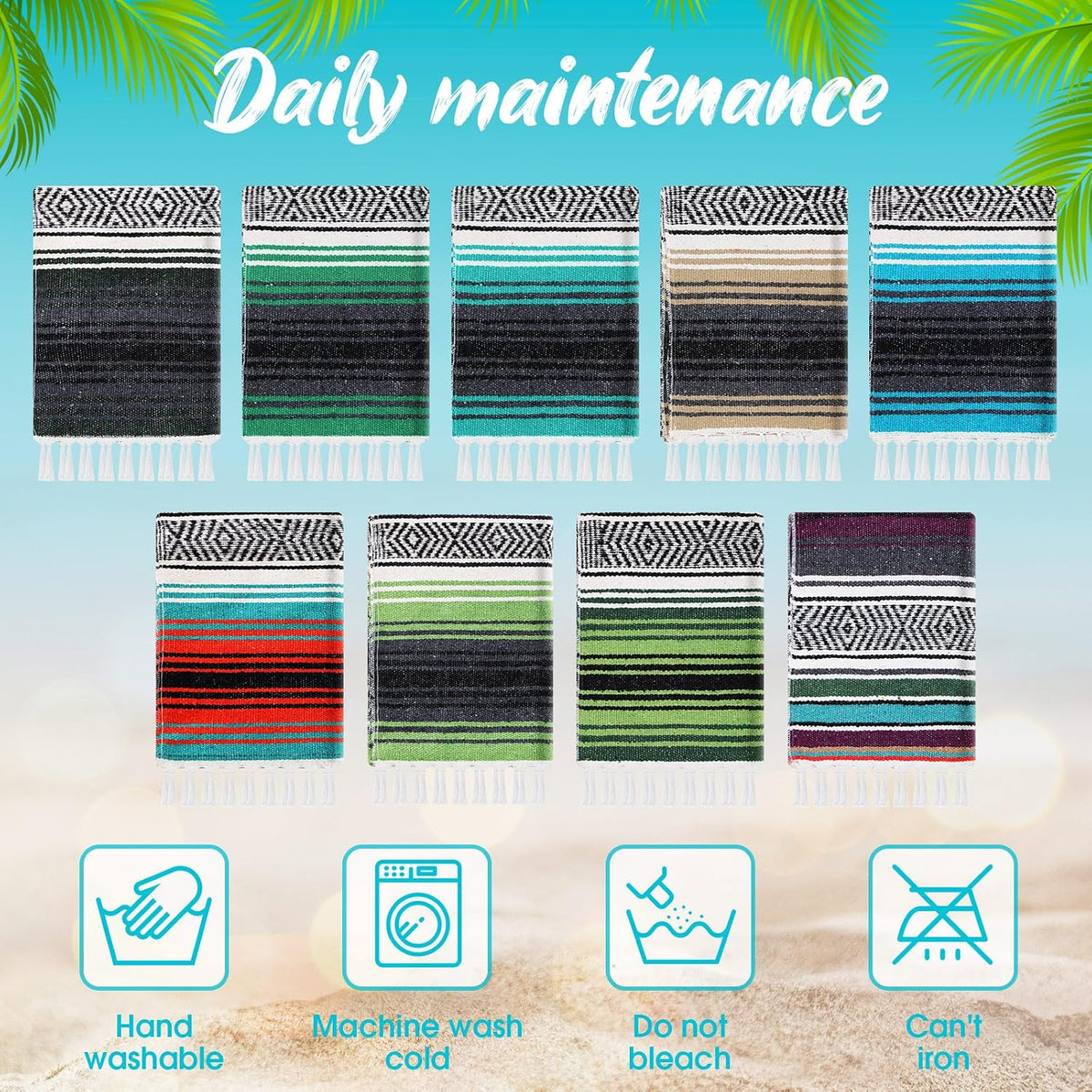 9 Pcs Mexican Yoga Blanket Striped Falsa, 45x70,Bright Colors
