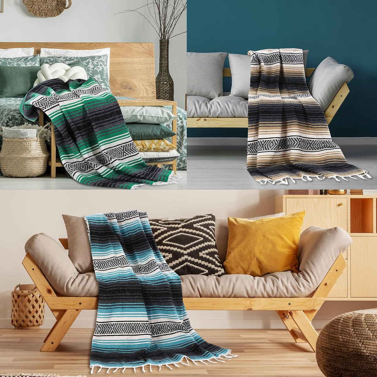 9 Pcs Mexican Yoga Blanket Striped Falsa, 45x70,Bright Colors