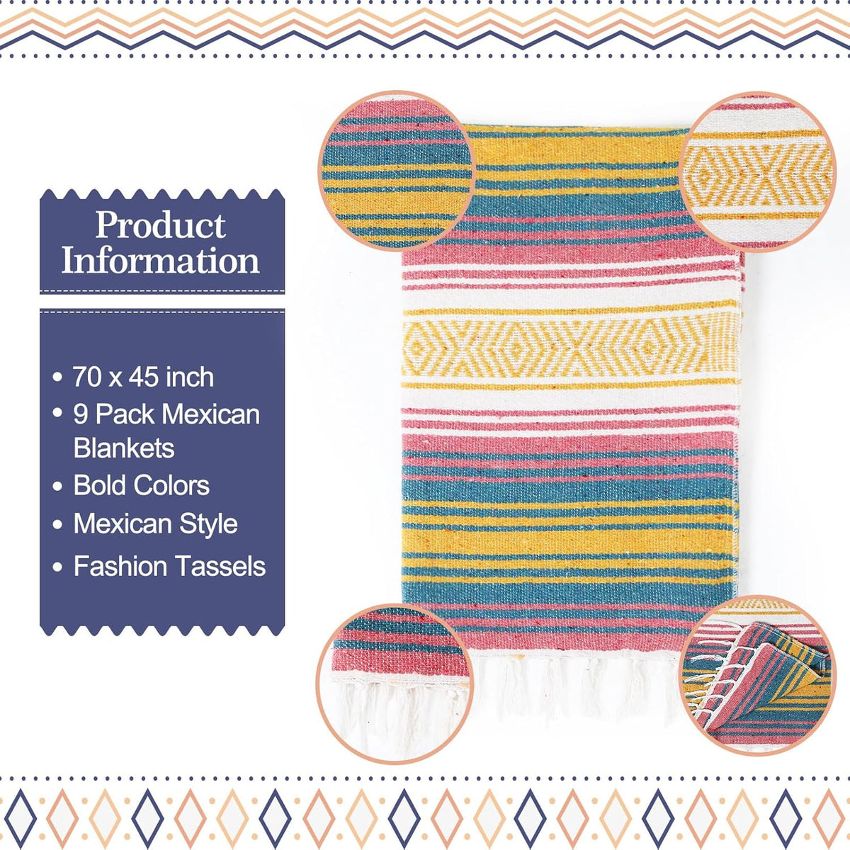 9 Pcs Mexican Yoga Blanket Striped Falsa, 45x70,Bright Colors