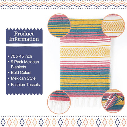 9 Pcs Mexican Yoga Blanket Striped Falsa, 45x70,Bright Colors