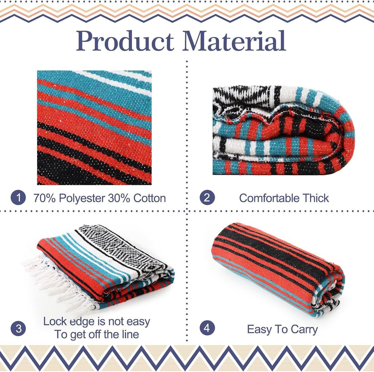 9 Pcs Mexican Yoga Blanket Striped Falsa, 45x70,Bright Colors