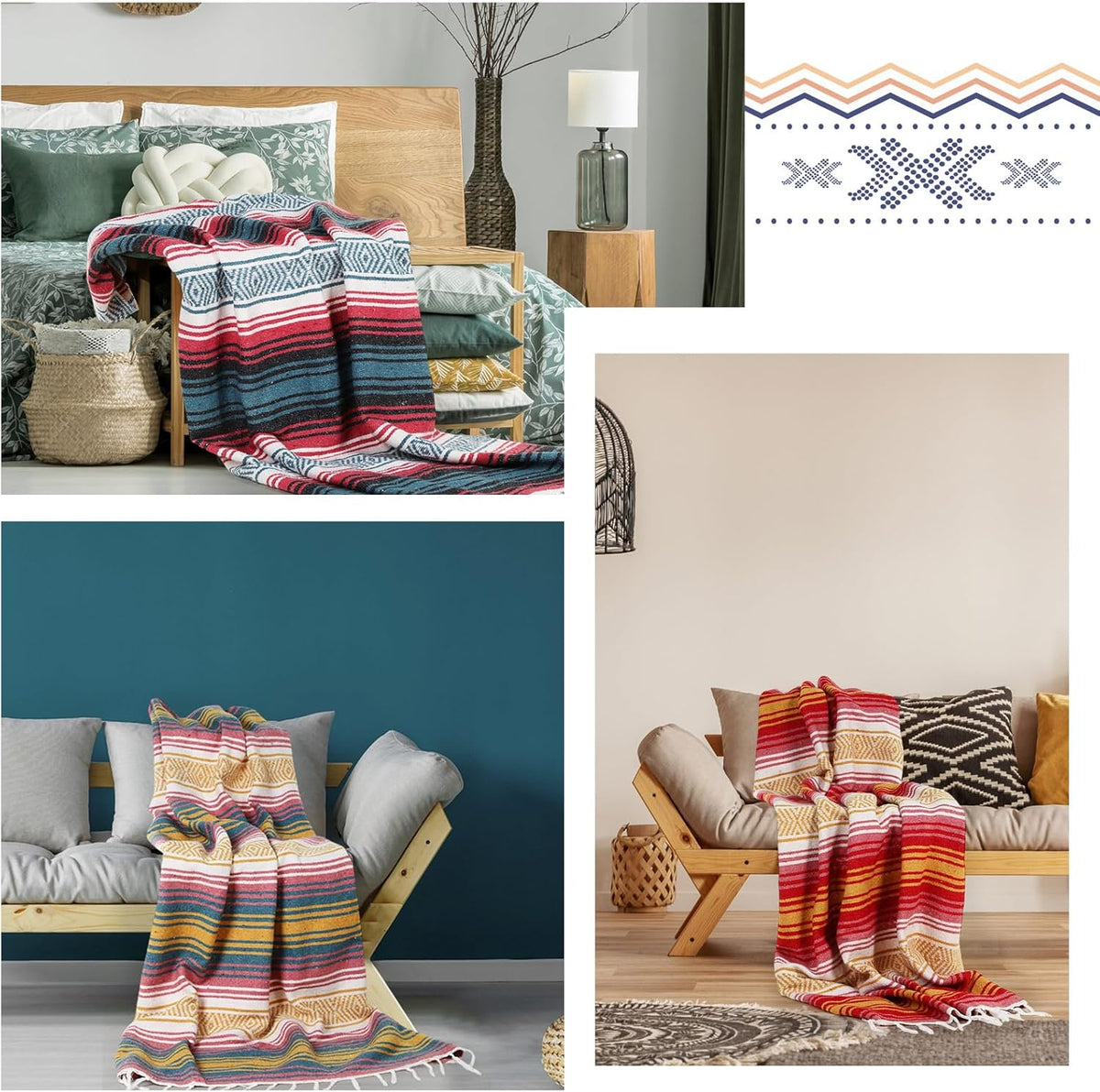9 Pcs Mexican Yoga Blanket Striped Falsa, 45x70,Bright Colors