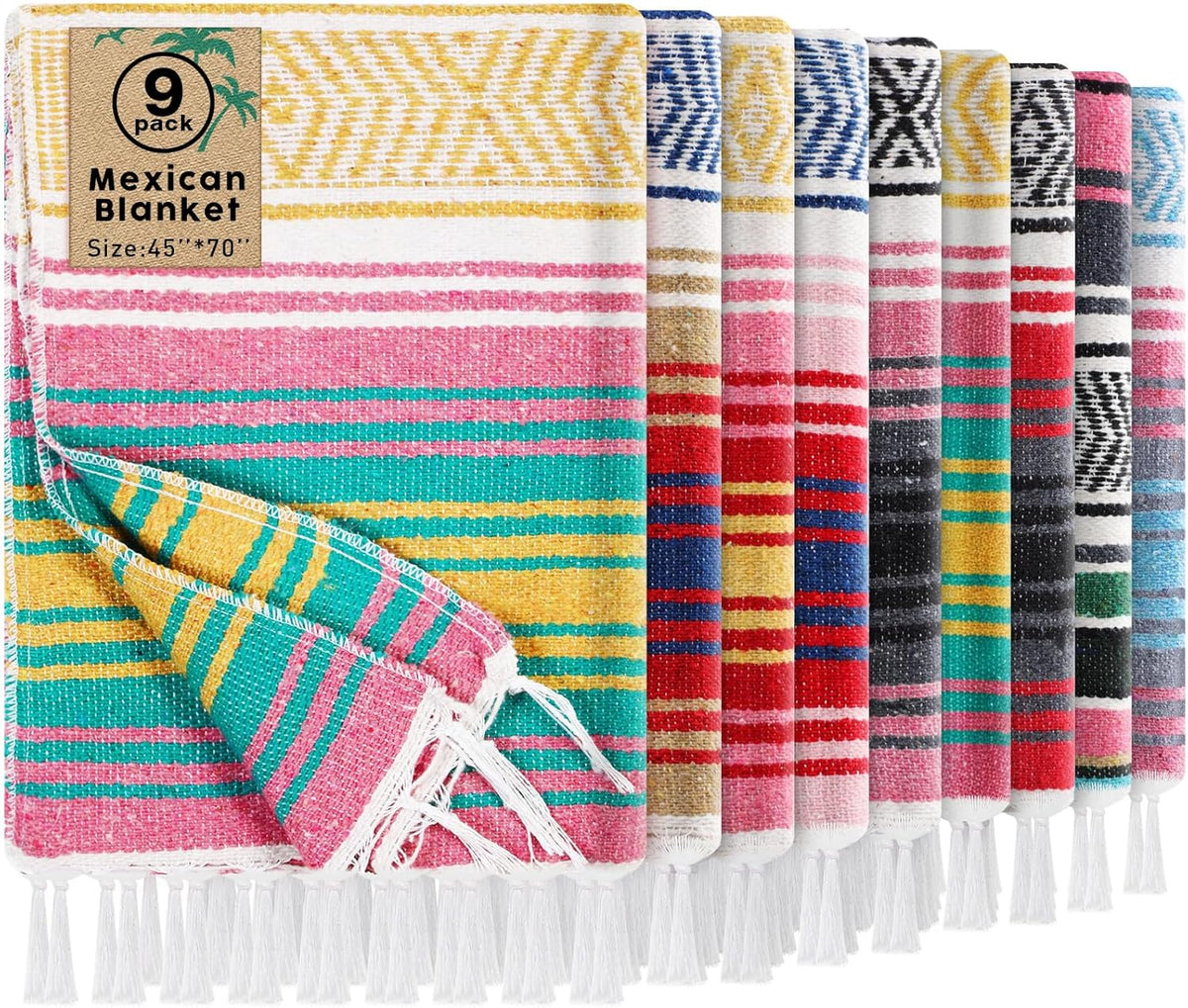 9 Pcs Mexican Yoga Blanket Striped Falsa, 45x70,Bright Colors