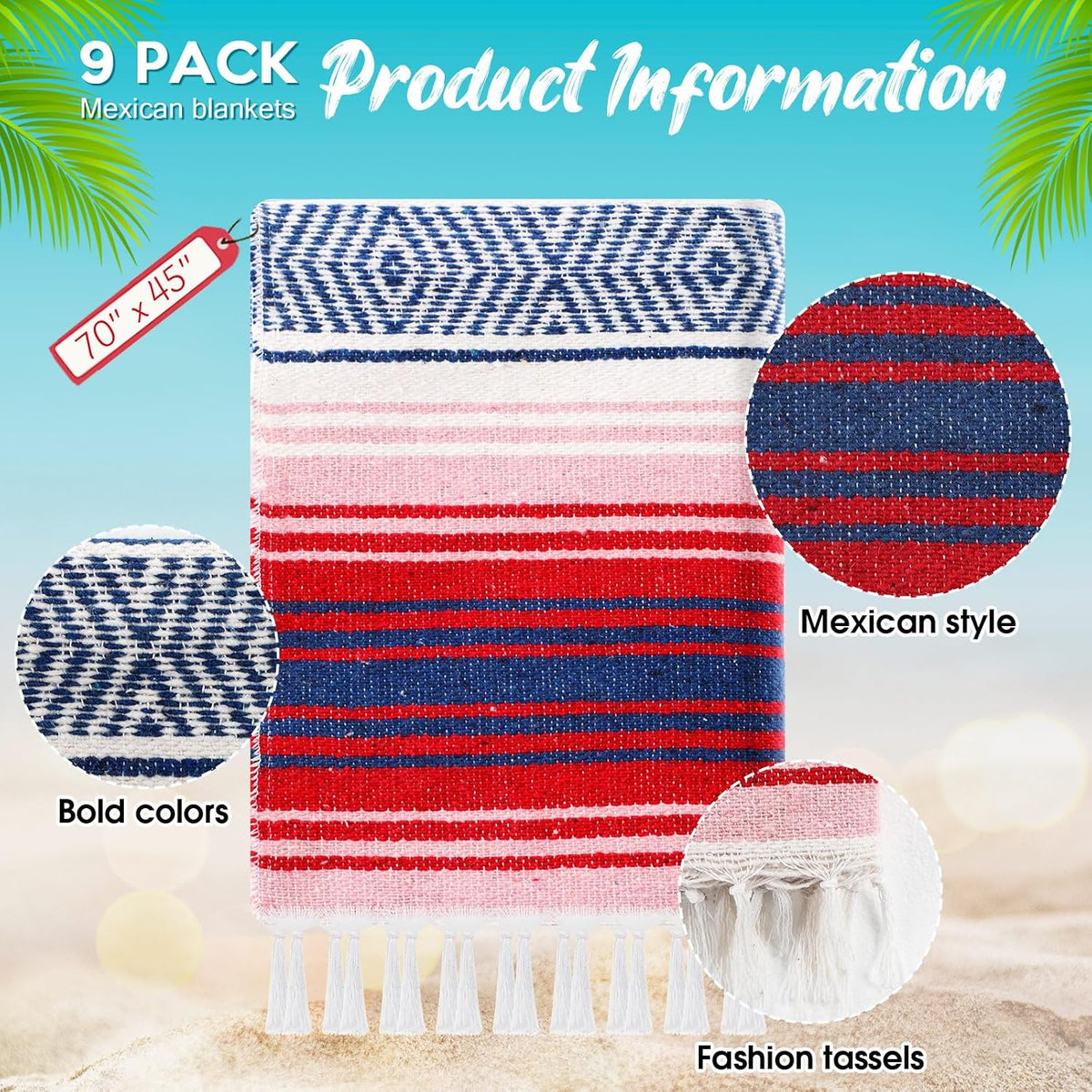 9 Pcs Mexican Yoga Blanket Striped Falsa, 45x70,Bright Colors