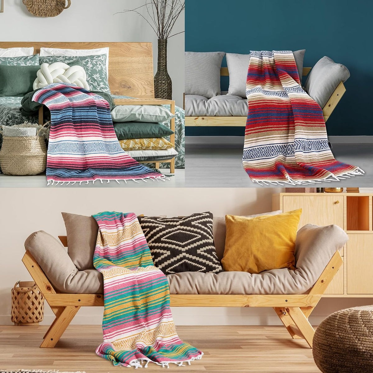 9 Pcs Mexican Yoga Blanket Striped Falsa, 45x70,Bright Colors