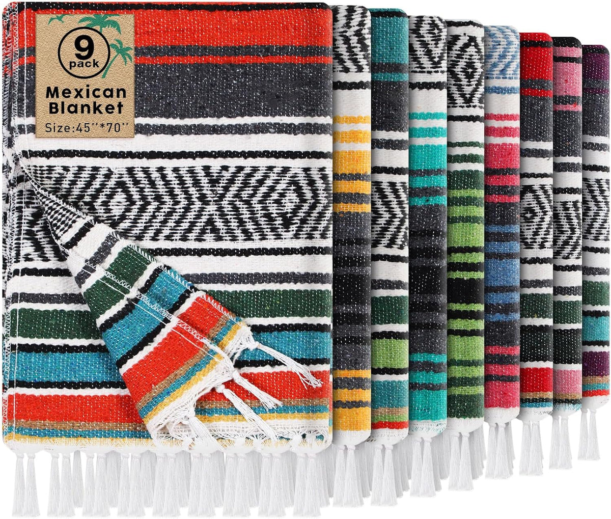 9 Pcs Mexican Yoga Blanket Striped Falsa, 45x70,Bright Colors