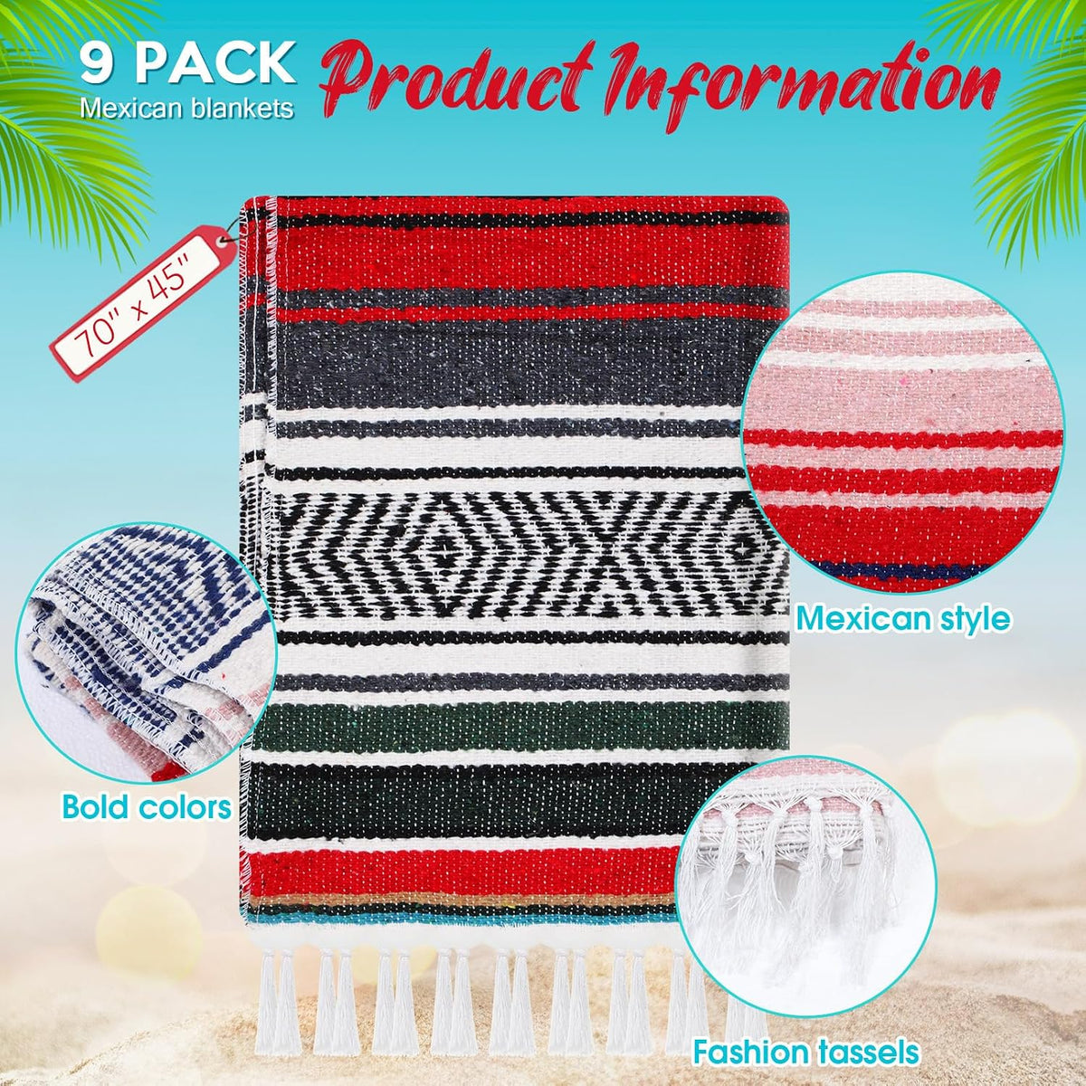 9 Pcs Mexican Yoga Blanket Striped Falsa, 45x70,Bright Colors