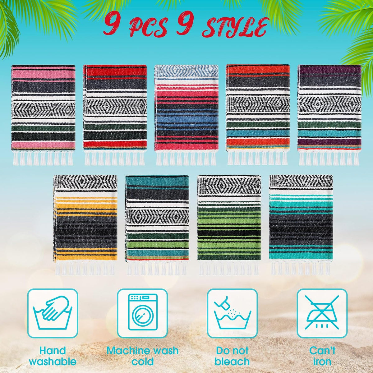 9 Pcs Mexican Yoga Blanket Striped Falsa, 45x70,Bright Colors
