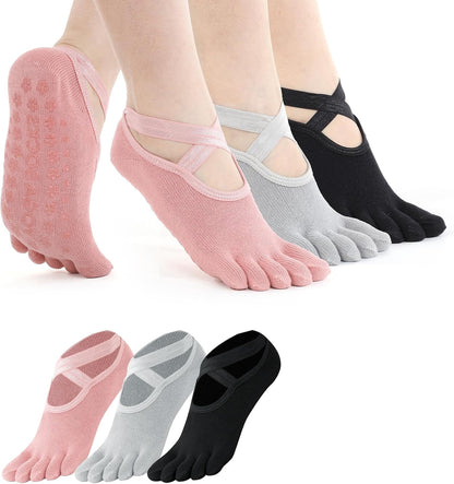 3 Pairs Yoga Toe Socks for Women Non Slip, Pilates Toe Socks with Grips