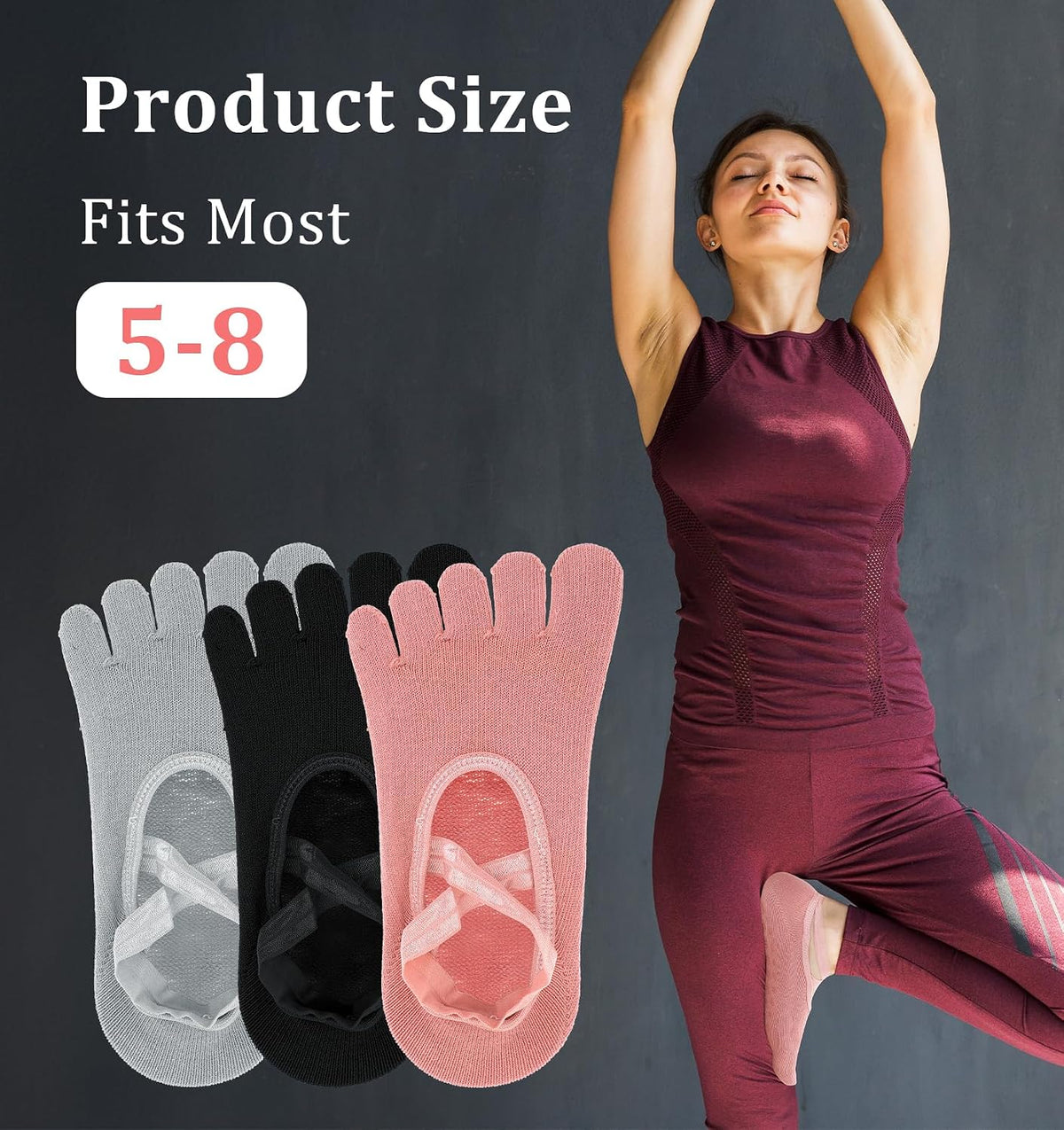3 Pairs Yoga Toe Socks for Women Non Slip, Pilates Toe Socks with Grips