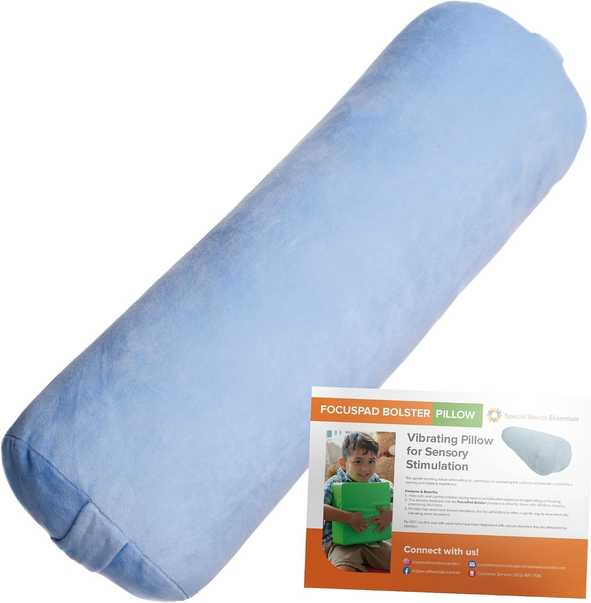 FocusPad Vibrating Sensory Bolster Pillow - Calming Massage Cushion for Kids and Adults with ADHD or Autism, Lap, Neck & Back Support | Blue Gray
