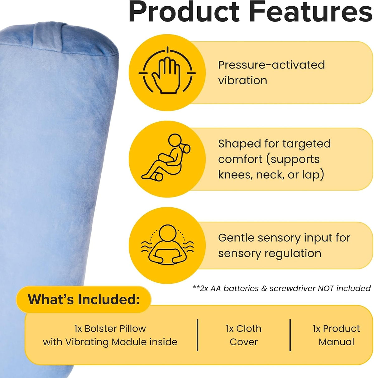 FocusPad Vibrating Sensory Bolster Pillow - Calming Massage Cushion for Kids and Adults with ADHD or Autism, Lap, Neck & Back Support | Blue Gray
