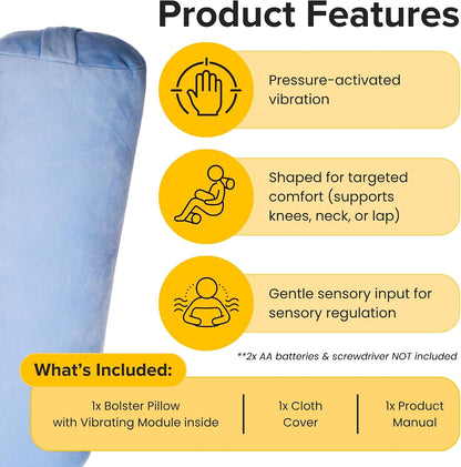 FocusPad Vibrating Sensory Bolster Pillow - Calming Massage Cushion for Kids and Adults with ADHD or Autism, Lap, Neck & Back Support | Blue Gray