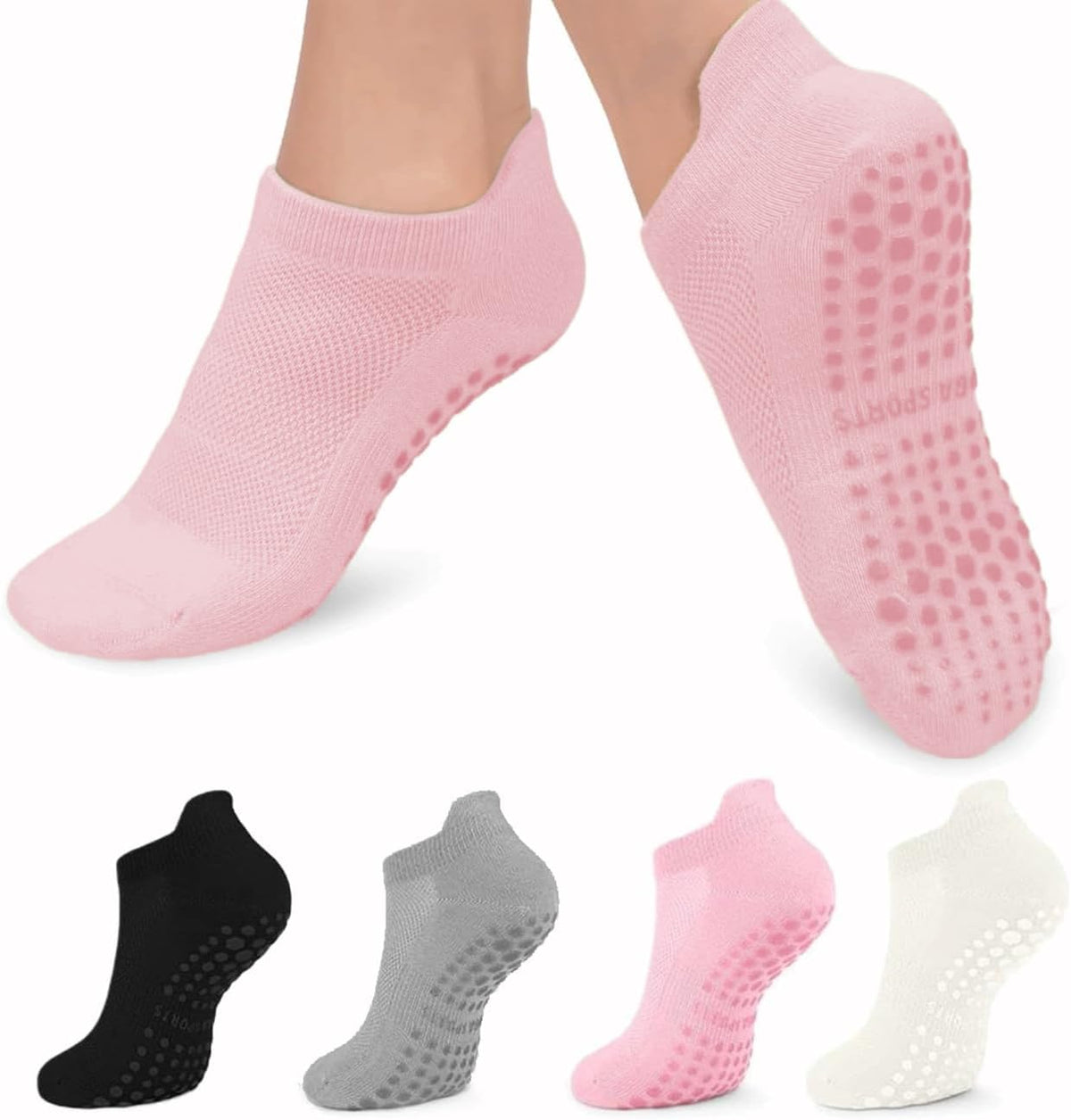 Yoga Socks for Women Non Slip with Grips Pilates Socks, Breathable Mesh Thin Athletic Crew Socks for Workout, Barre, Hospital 4 Pairs
