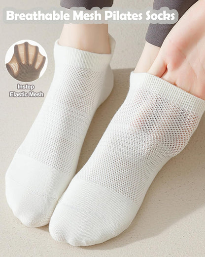 Yoga Socks for Women Non Slip with Grips Pilates Socks, Breathable Mesh Thin Athletic Crew Socks for Workout, Barre, Hospital 4 Pairs