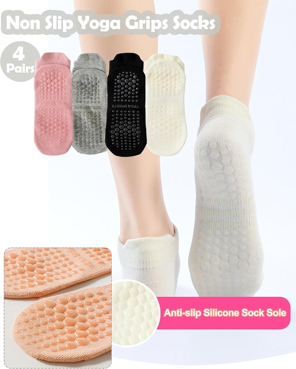 Yoga Socks for Women Non Slip with Grips Pilates Socks, Breathable Mesh Thin Athletic Crew Socks for Workout, Barre, Hospital 4 Pairs