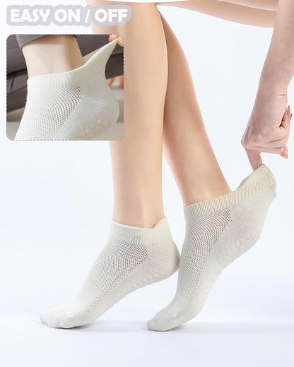 Yoga Socks for Women Non Slip with Grips Pilates Socks, Breathable Mesh Thin Athletic Crew Socks for Workout, Barre, Hospital 4 Pairs