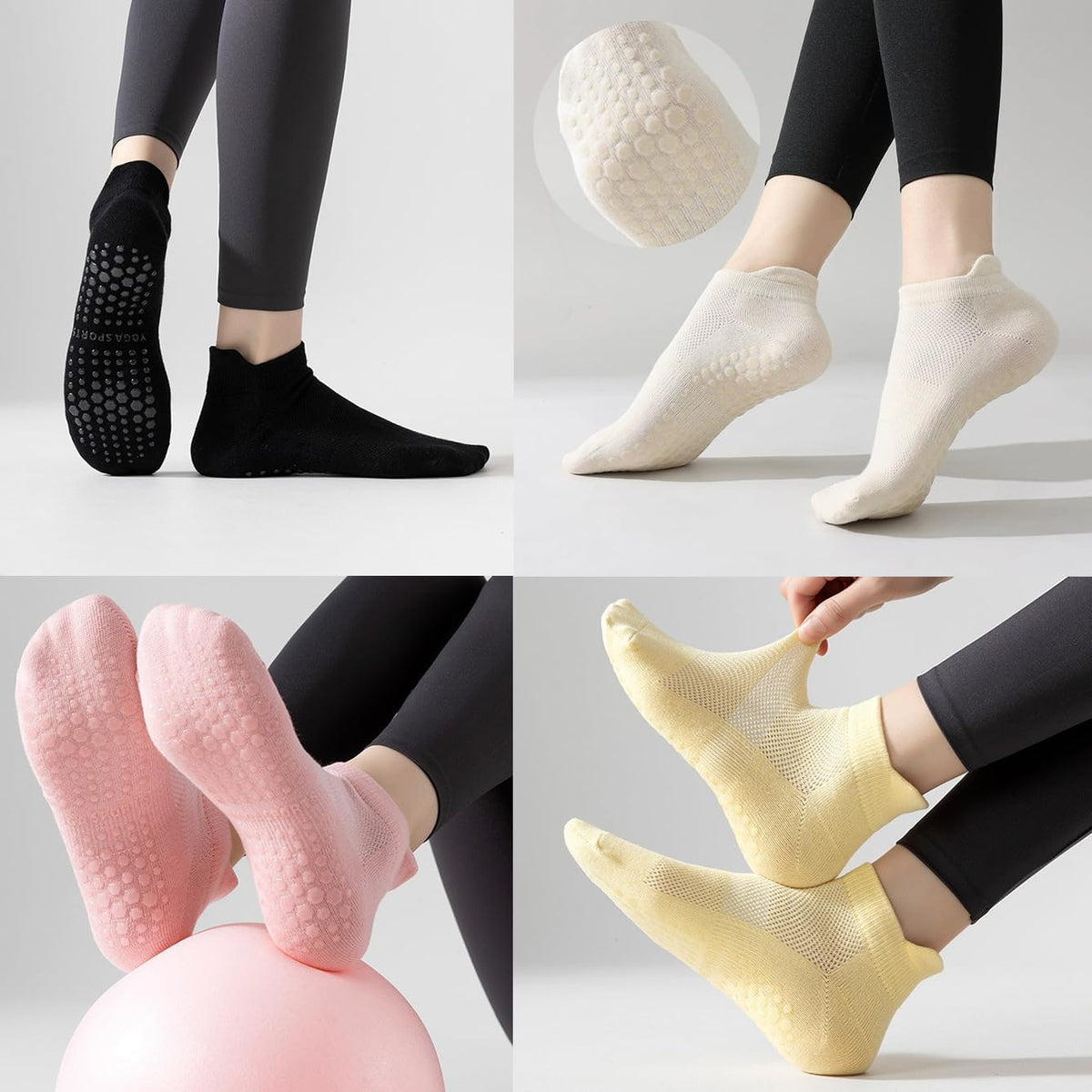 Yoga Socks for Women Non Slip with Grips Pilates Socks, Breathable Mesh Thin Athletic Crew Socks for Workout, Barre, Hospital 4 Pairs