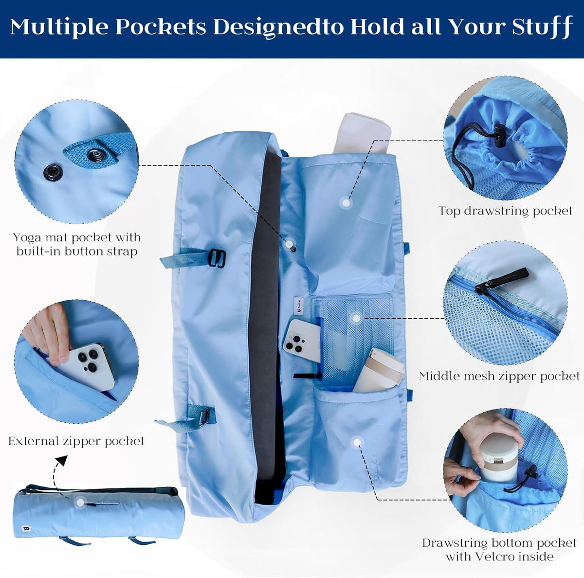 Yoga Mat Bag | Padded Adjustable Shoulder Strap | Fits Up to 26" Mats | Multi-Pocket Storage for Essentials | Heavy-Duty G-Hook Closure | Lightweight & Durable for Yoga, Pilates & Fitness