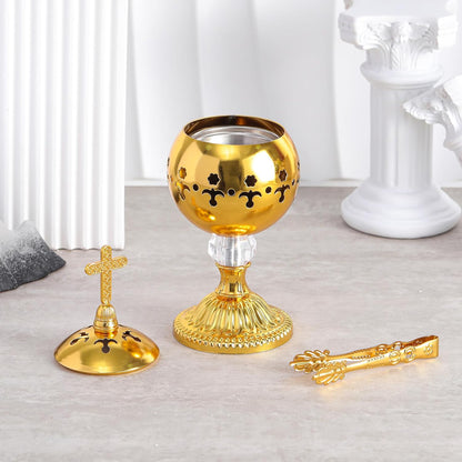 1 Set Incense Burner with Tong, Gold, Retro