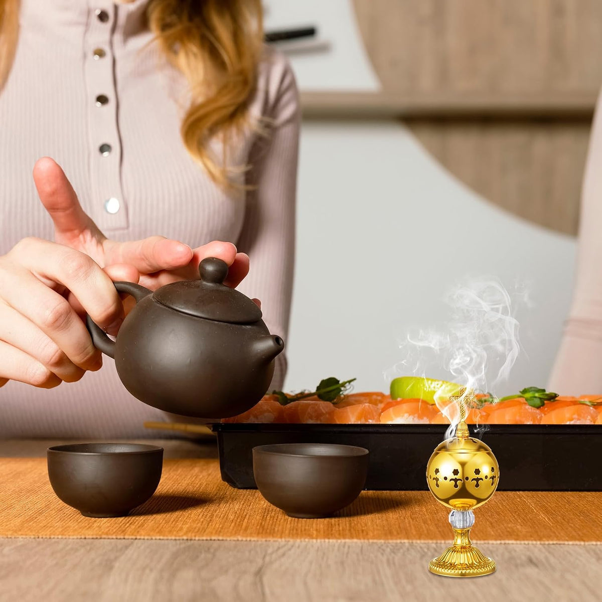 1 Set Incense Burner with Tong, Gold, Retro