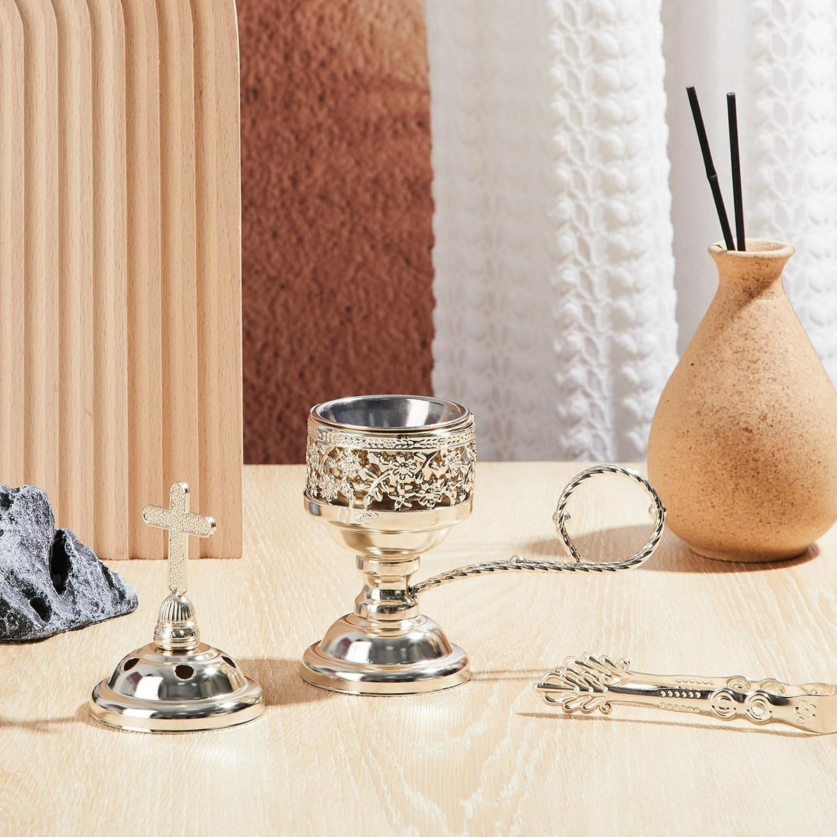 1 Set Incense Burner with Tong, Gold, Retro
