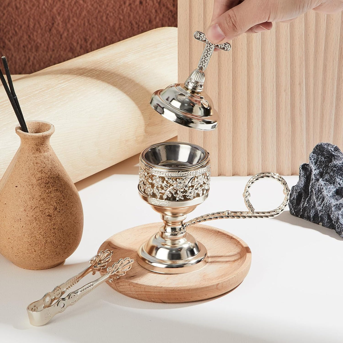 1 Set Incense Burner with Tong, Gold, Retro