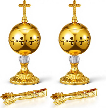 1 Set Incense Burner with Tong, Gold, Retro
