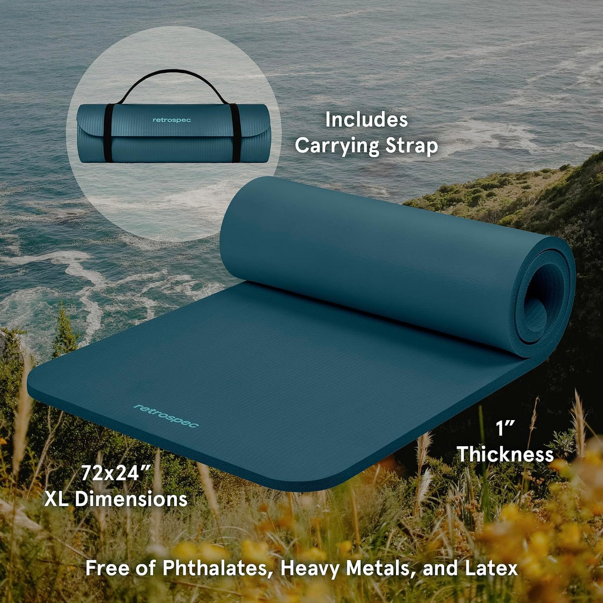 Solana Yoga Mat 1" Thick w/Nylon Strap for Men & Women - Non Slip Exercise Mat for Home Yoga, Pilates, Stretching, Floor & Fitness Workouts