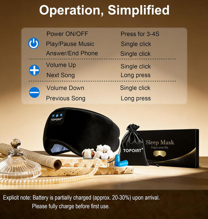 Sleep Mask with Headphones Bluetooth 5.4 Wireless, Sleep Headphones Earphones Earbuds with Microphone HD Speakers Music, Blackout Eye Mask for Sleeping Travel Meditation Men Women Cool Gadgets