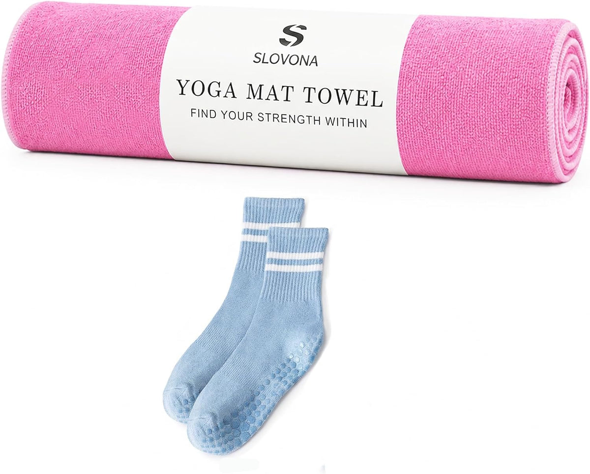 Upgraded Yoga Mat Towel with Bonus Grip Socks, Rose Pink
