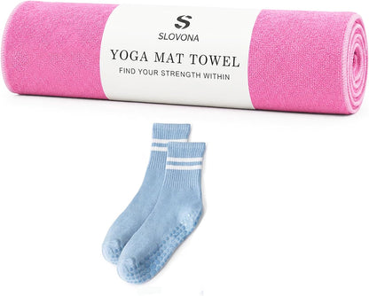Upgraded Yoga Mat Towel with Bonus Grip Socks, Rose Pink