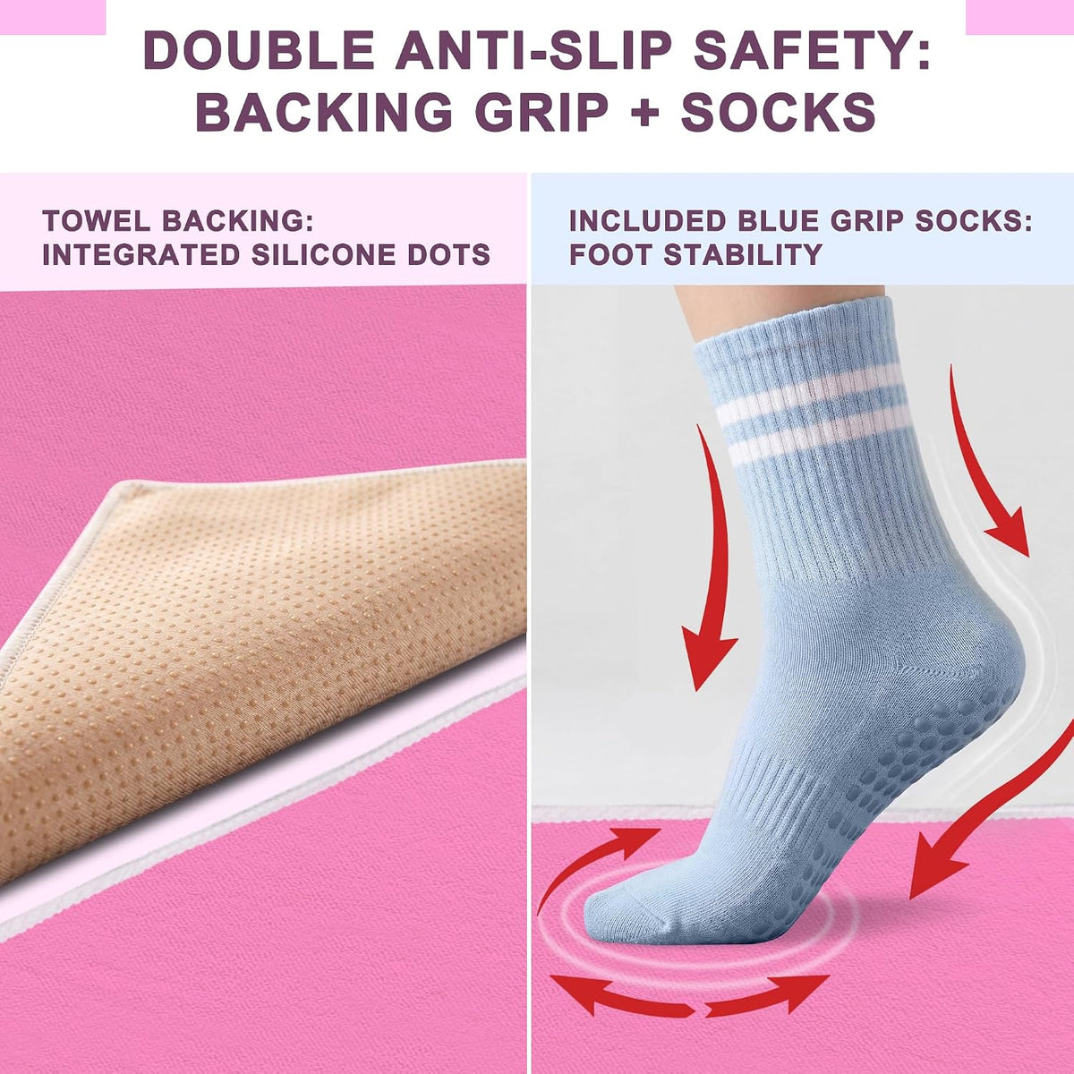 Upgraded Yoga Mat Towel with Bonus Grip Socks, Rose Pink