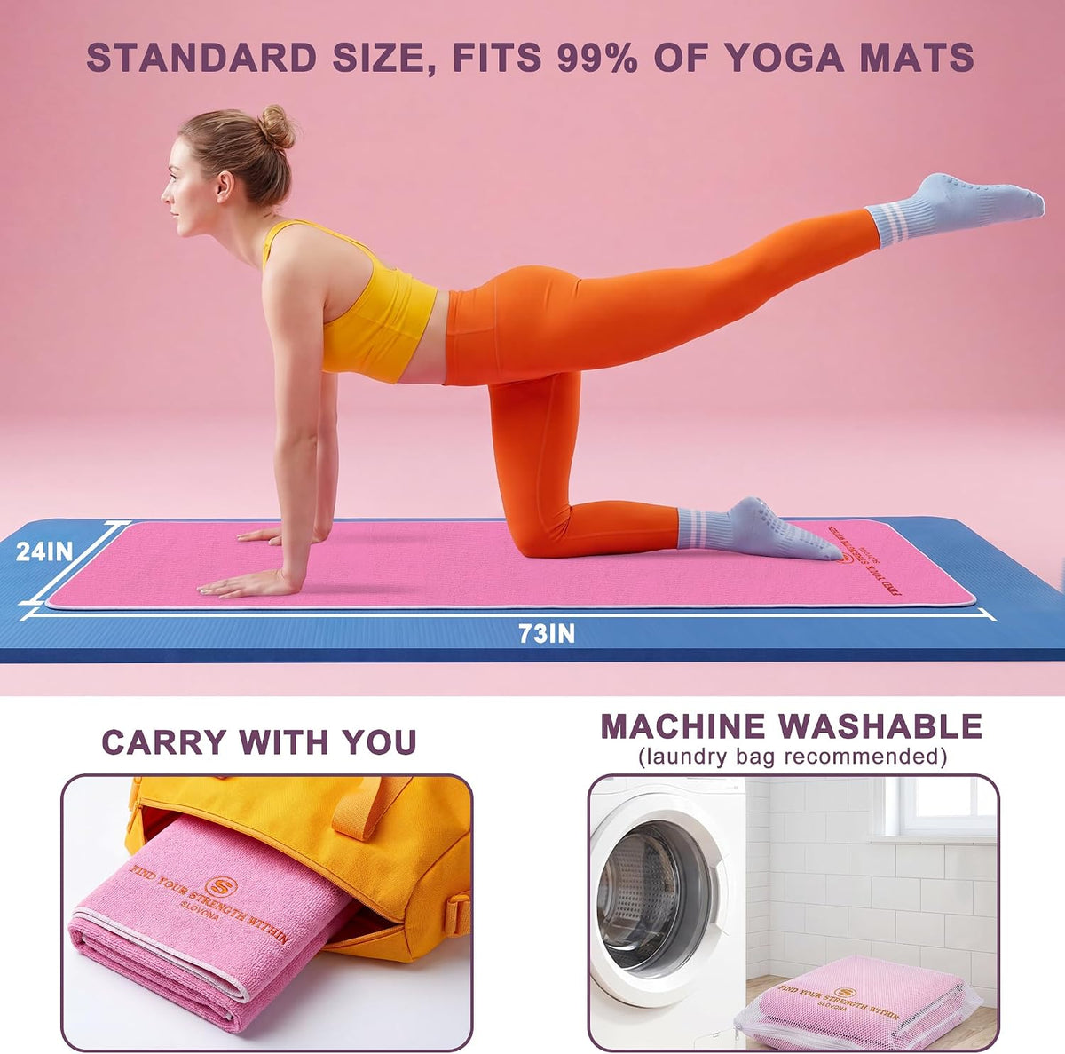 Upgraded Yoga Mat Towel with Bonus Grip Socks, Rose Pink