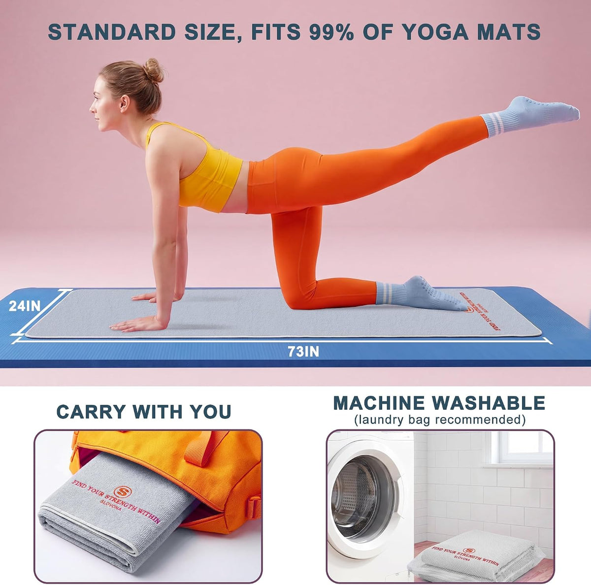 Upgraded Yoga Mat Towel with Bonus Grip Socks, Rose Pink