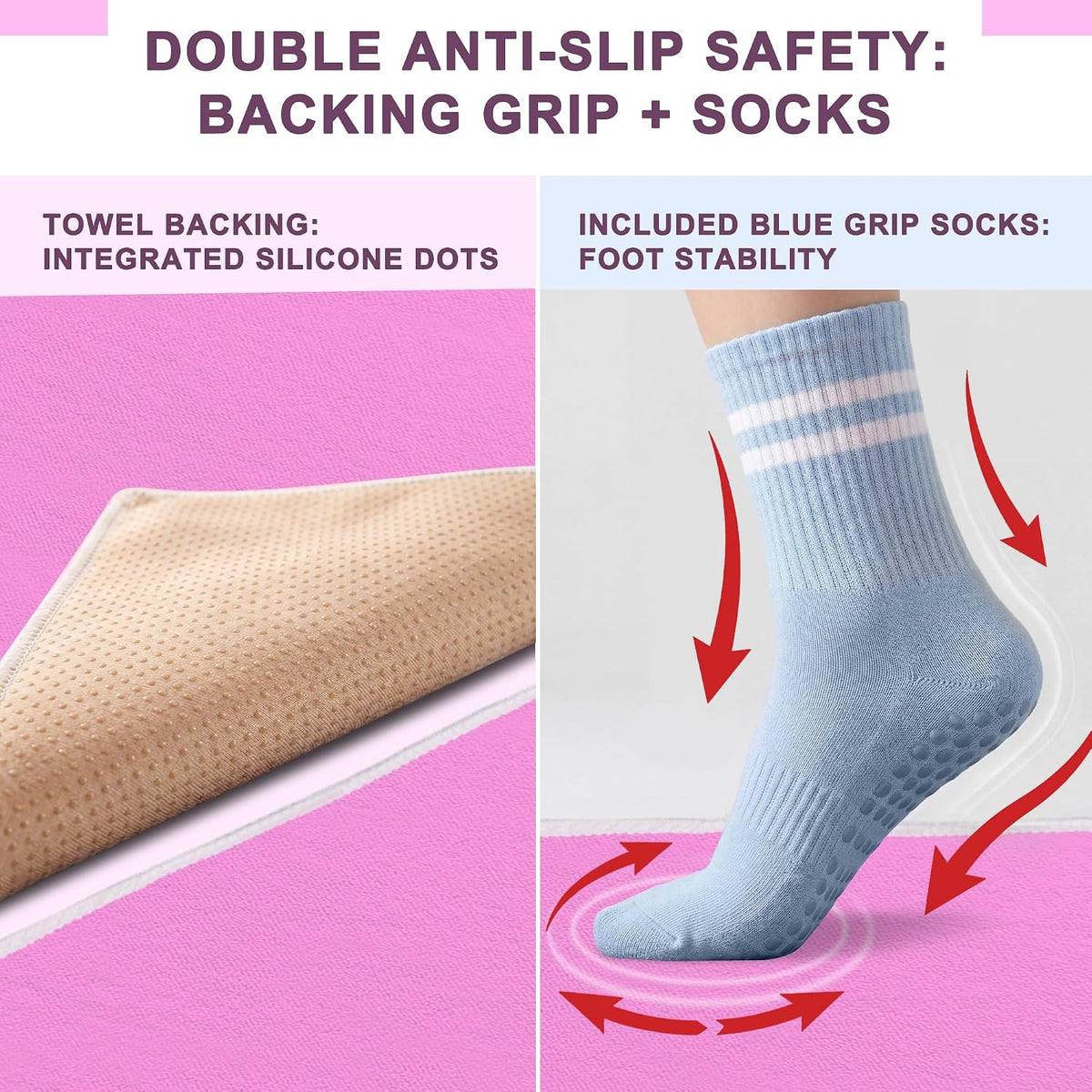 Upgraded Yoga Mat Towel with Bonus Grip Socks, Rose Pink