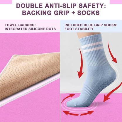 Upgraded Yoga Mat Towel with Bonus Grip Socks, Rose Pink