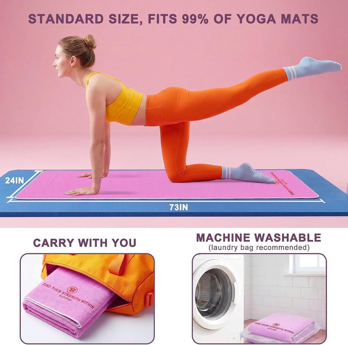 Upgraded Yoga Mat Towel with Bonus Grip Socks, Rose Pink