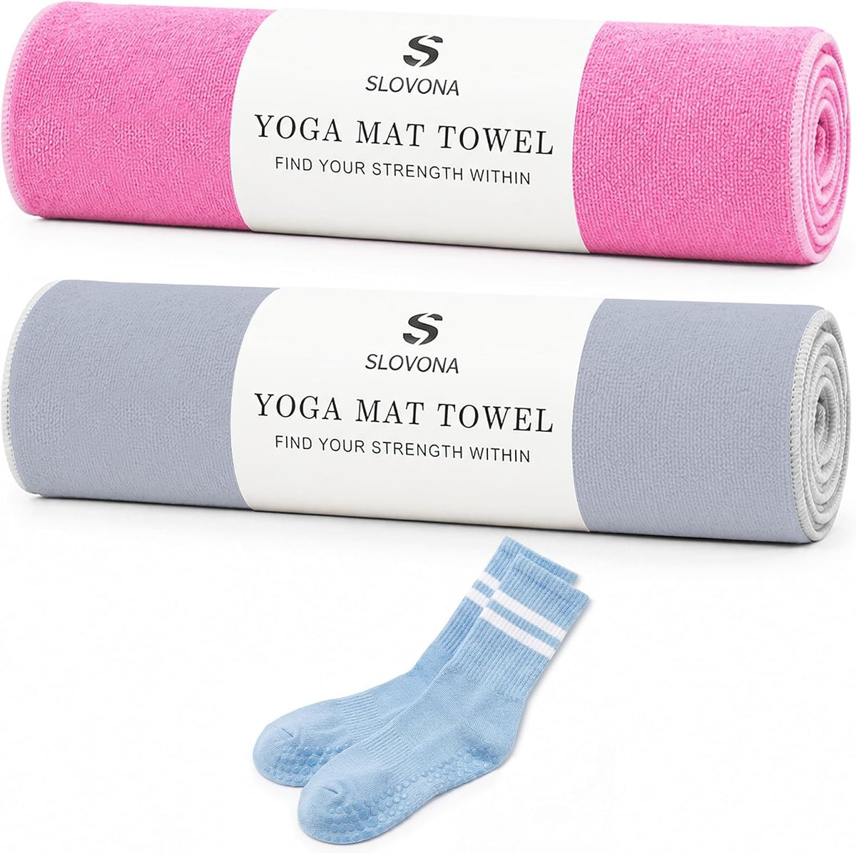 Upgraded Yoga Mat Towel with Bonus Grip Socks, Rose Pink