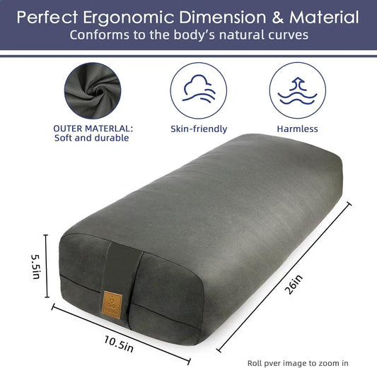 Yoga Bolster Pillow 26x10.5x5.5in Rectangular Meditation Cushion for Massage and Back Support, Breathable Cotton Fill, Zippered Organic Cotton Cover, Easy-Carry Handle, Machine Washable (Black)