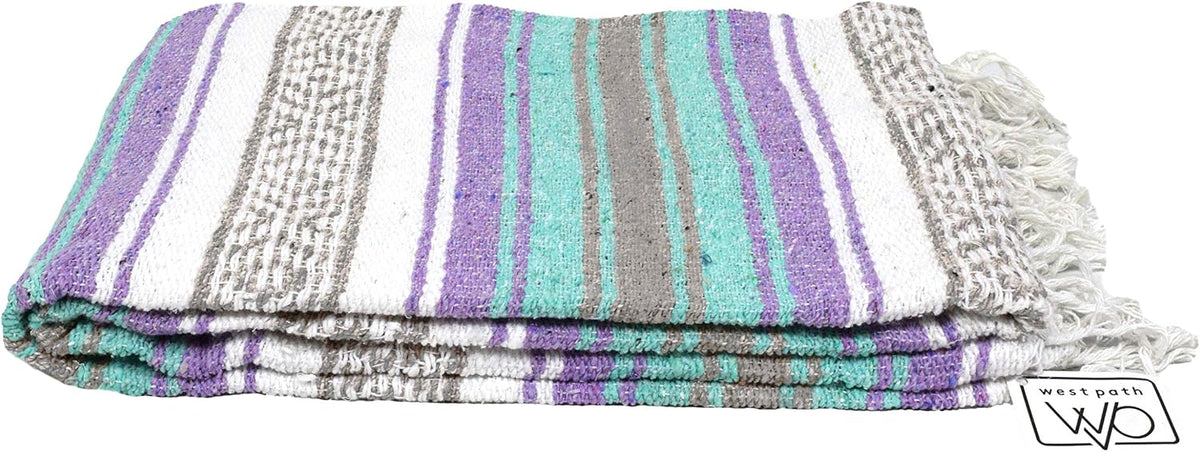 Open Road Goods Multi Color Mexican Falsa Blanket - Handwoven in Mexico - Great for The Beach, Picnics, Yoga, or a Throw! (Mint/Purple)