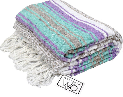 Open Road Goods Multi Color Mexican Falsa Blanket - Handwoven in Mexico - Great for The Beach, Picnics, Yoga, or a Throw! (Mint/Purple)