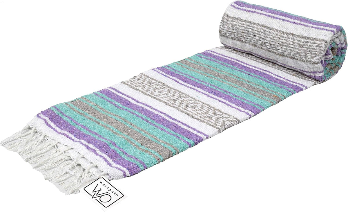Open Road Goods Multi Color Mexican Falsa Blanket - Handwoven in Mexico - Great for The Beach, Picnics, Yoga, or a Throw! (Mint/Purple)